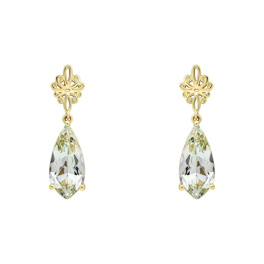 Elements Gold Fancy Cut Green Quartz Drop Earrings with Swirl Detail