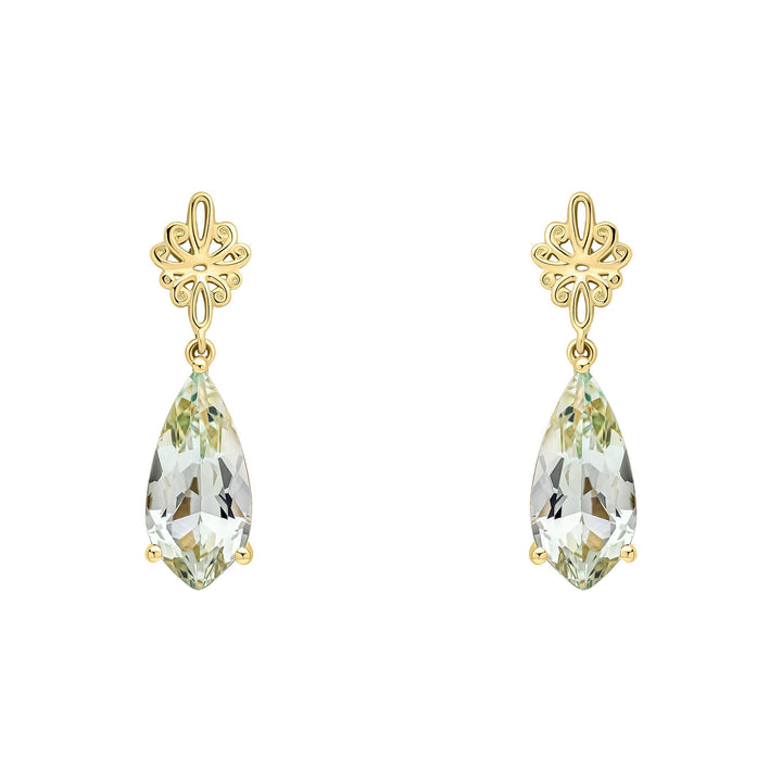 Elements Gold Fancy Cut Green Quartz Drop Earrings with Swirl Detail