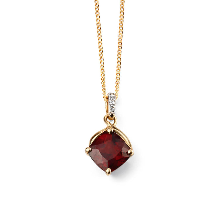 Elements Gold Square Garnet Drop Pendant with Diamond Set Bale