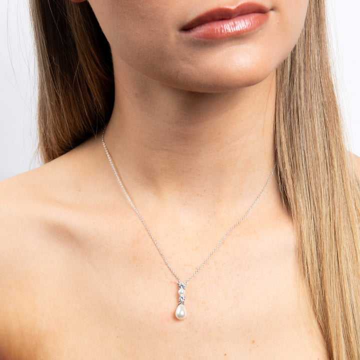 Diamonfire Alternating Shell Pearl and Zirconia Drop Necklace